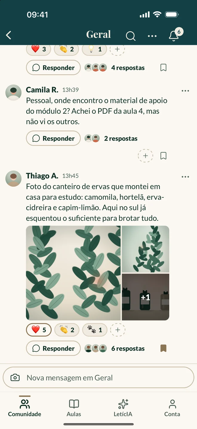 Tela do app Comunidade Equilíbrio Pet com o canal Geral, fotos e reações das alunas